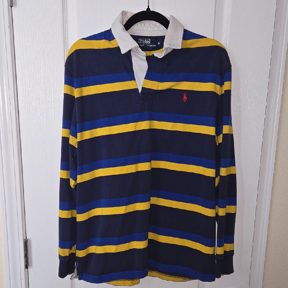 Vintage Polo by Ralph Lauren Navy, Yellow & Royal Blue Striped Rugby Shirt